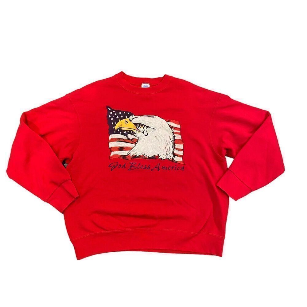 9/11 flag god bless America sweatshirt crying bald eagle Sz Large Red Glitter